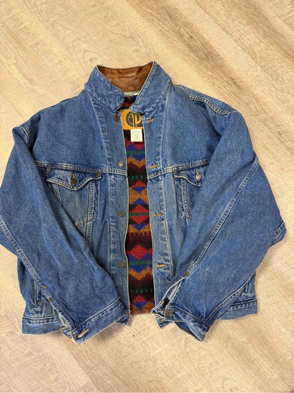 Vintage Blue Denim Jacket with Removable Multicolor Knit Panel